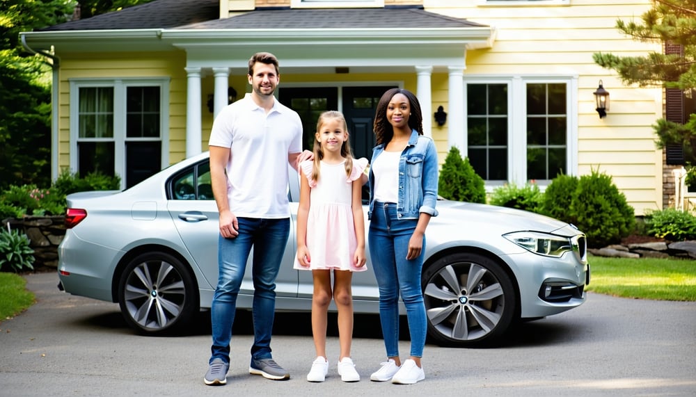 Family standing in front of their home and car, feeling secure with insurance Family standing in front of their home and car, feeling secure with insurance